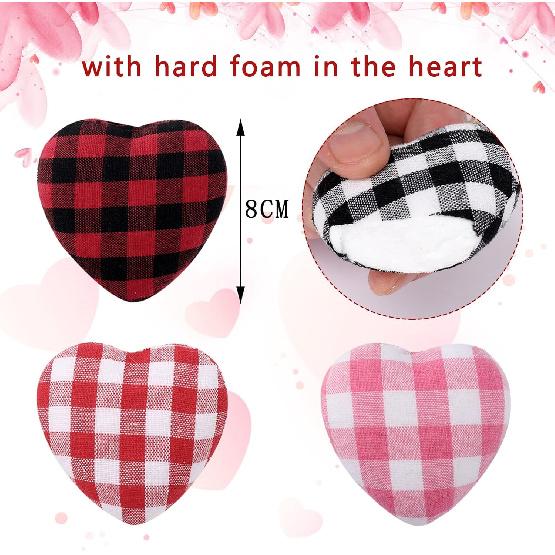 Whaline 24Pcs Valentine's Day Heart Ornaments Buffalo Check Heart Ornament 4 Designs Black Red White Pink Plaid Hanging Decorations for Wedding