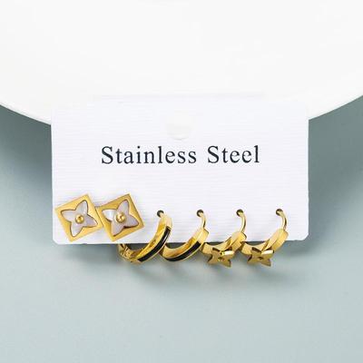 Women Simple Flower Drop Earrings Titanium Steel Geometric Color Drip Oil Three-piece Set Solid Color Ear Ornaments
