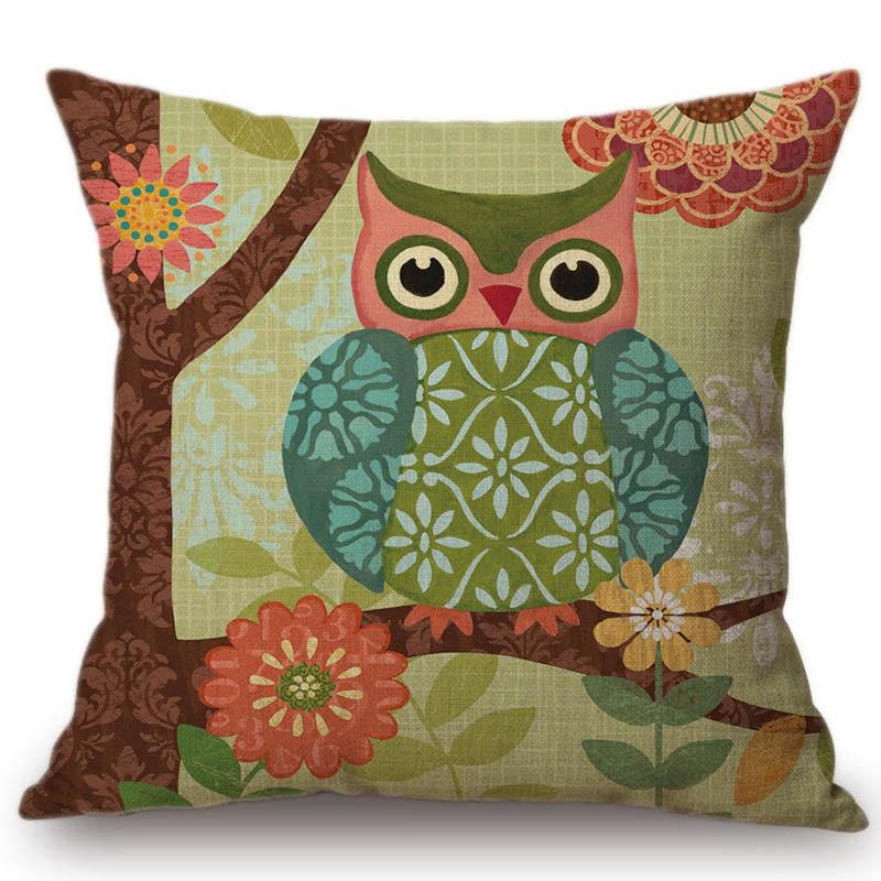 Lovely Birds Floral Night Owl Squirrel Home Decorative Cotton Linen Sofa Throw Pillow Case 45X45Cm Square Car Cushion Cover Case