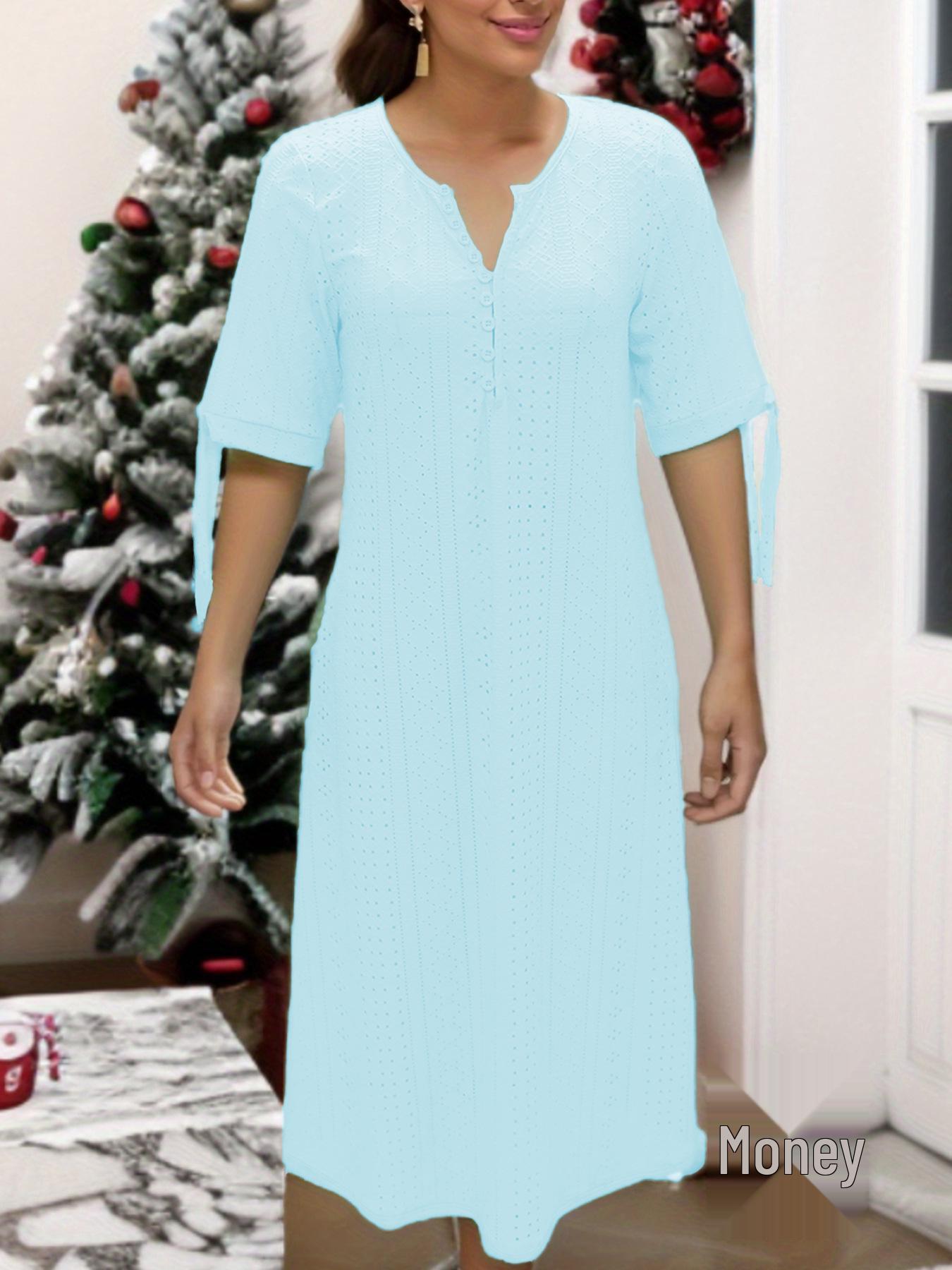 

Elegant Spring/Summer V-Neck Lace Hollow Short Sleeve Pocket Mid-Length Dress for Women Double Extra Large світло-синій колір