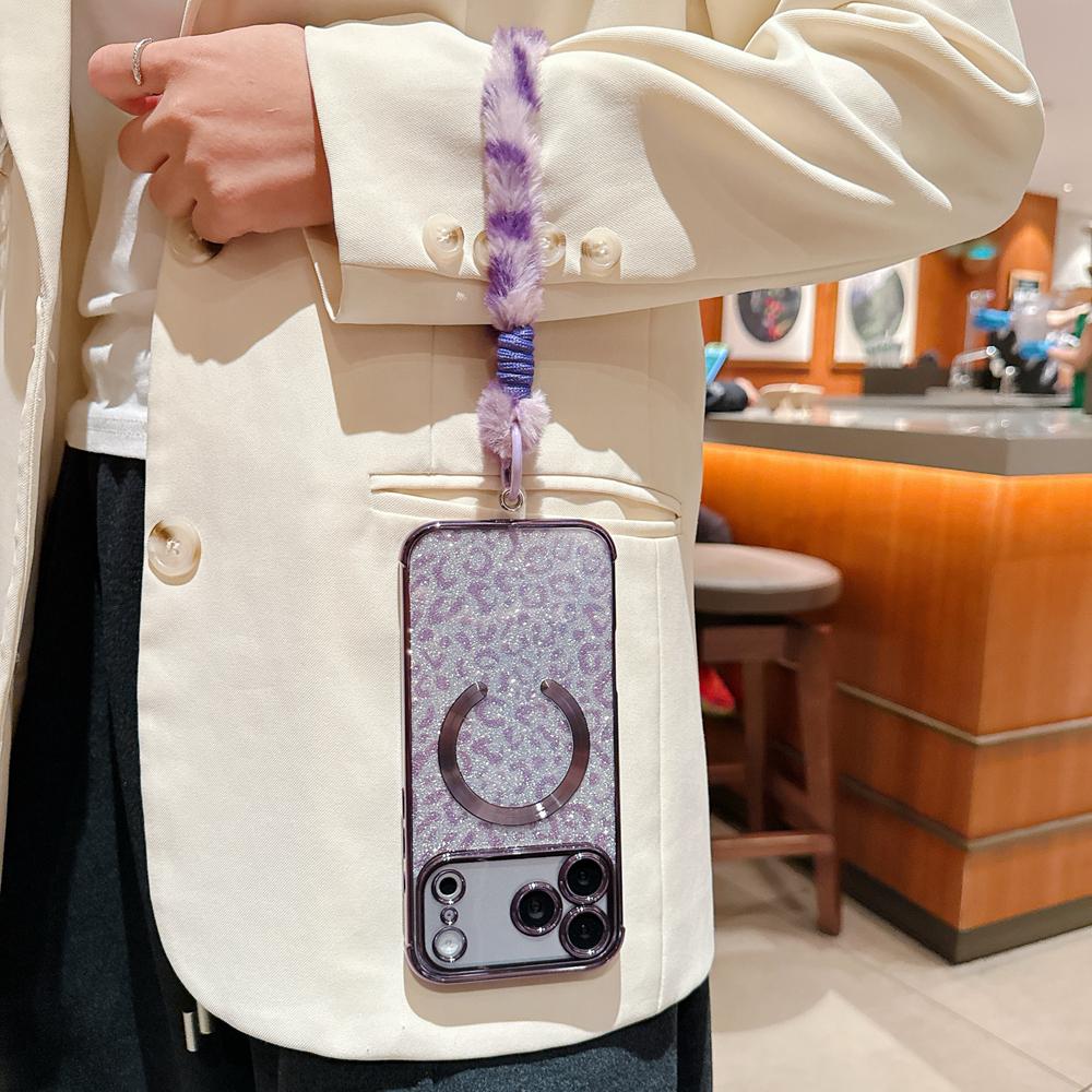 KEYSION Glitter Leopard Print Magnetic Phone Case for iPhone 13 14 15 16 17 Pro Max 17 Air 16 Plus With Plush Lanyard Shockproof Cover