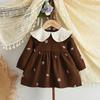 Autumn Cute Lapel Long Sleeved Kids Dress Embroidery Flowers Baby Girls Casual Dresses Coffee Colored Children's Clothes