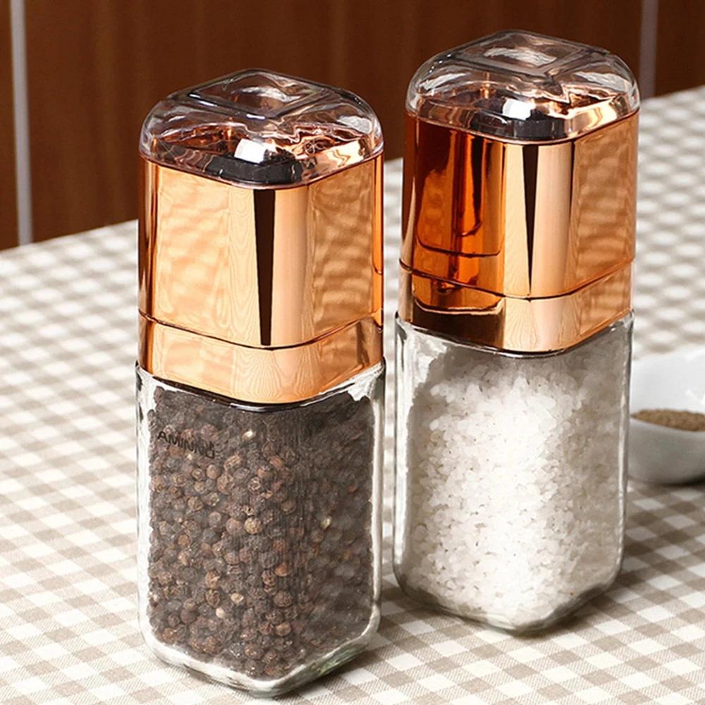 Fashion Pepper Grinder 180ml Premium Glass Bottle Salt and Pepper Shakers with Ceramic Spice Grinder Kitchen Mill Gold
