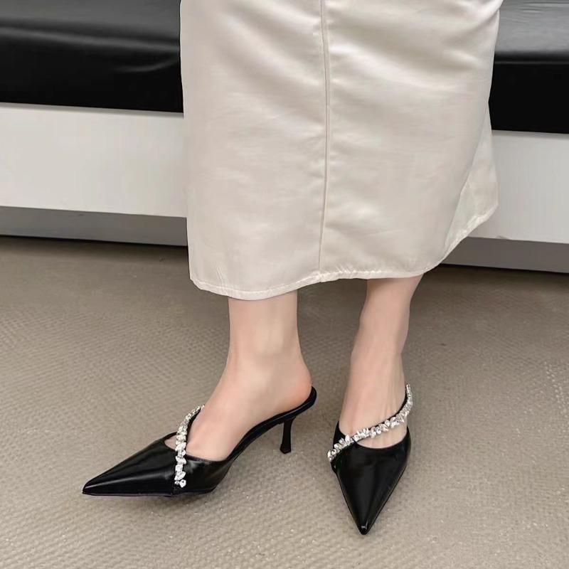 Fashion Summer Women's Fashion Crystal Mules Slippers Elegant Cover Toe Dress Slides Ladies Dancing Party High Heels Shoes Zapatos Mujer