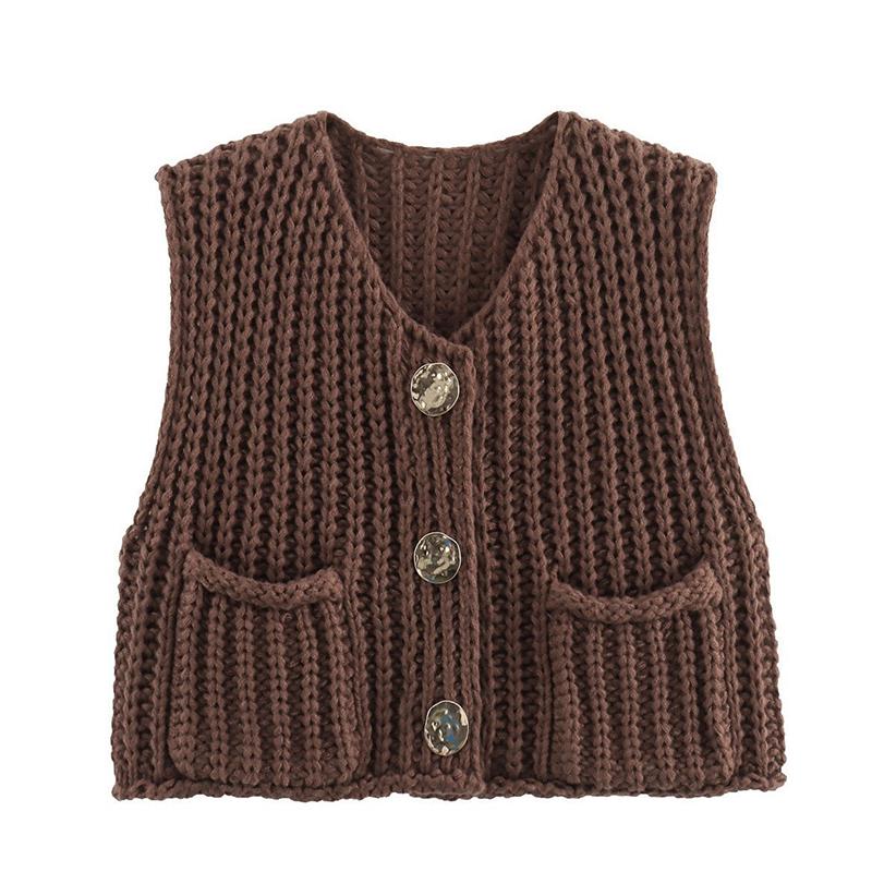 Winter New Women's Clothing Vest Simple Pocket Sleeveless Short Knitted Vest Cardigan Top