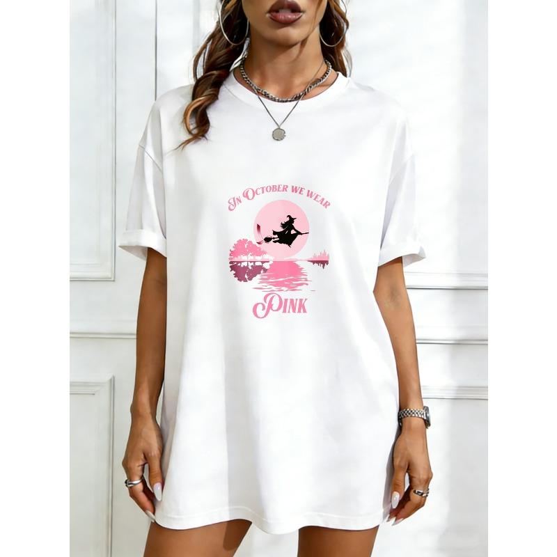 

Oversized T Shirt Black In October We Wear Pink Witch On Broom Moon And Trees Print Halloween Costume Party Dress Casual Wear XXXXL білий