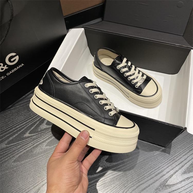 Women's 2023 Spring Genuine Leather White Platform Sneakers - All-Match Round Toe, Thick-Soled Sports Casual Shoes