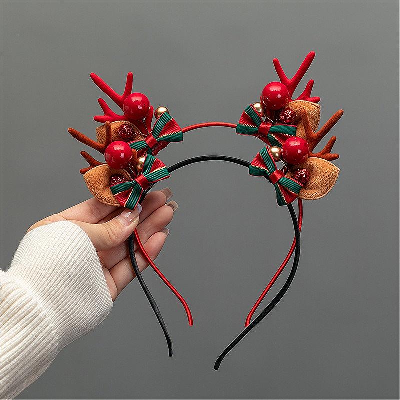 Christmas Deer Antler Headband Red Forest Style, Festive Reindeer Hair Band for Women Girls Children Holiday