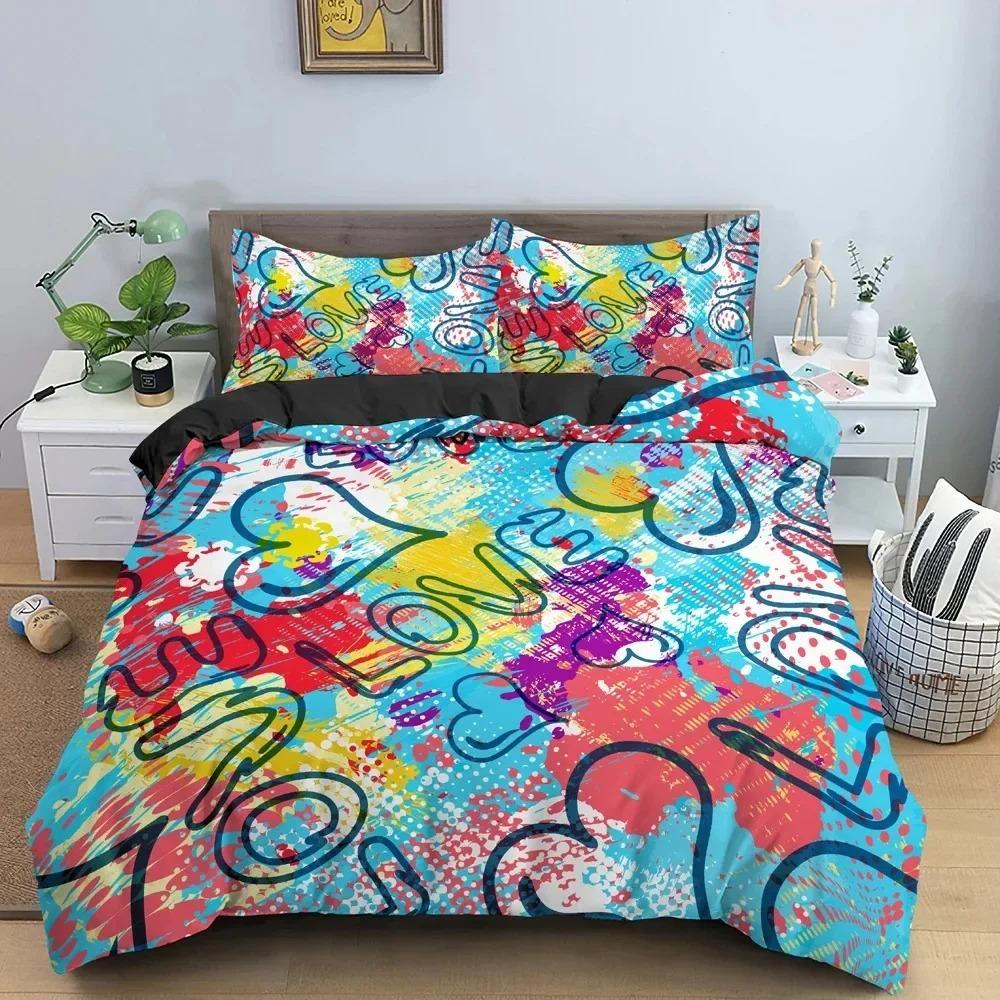 Cartoon Graffiti Bedding Set Boys Girls Twin Queen Size Duvet Cover Pillowcase Bed Boys Adult Fashion Home Textileextile