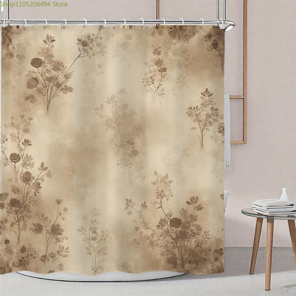 1 Stück 2D Flaches Vintage Blumenmuster Badezimmer Duschvorhang, Braun und Beige Stil Mit Haken, Für Fenster- & Wanddekoration Im Badezimmer