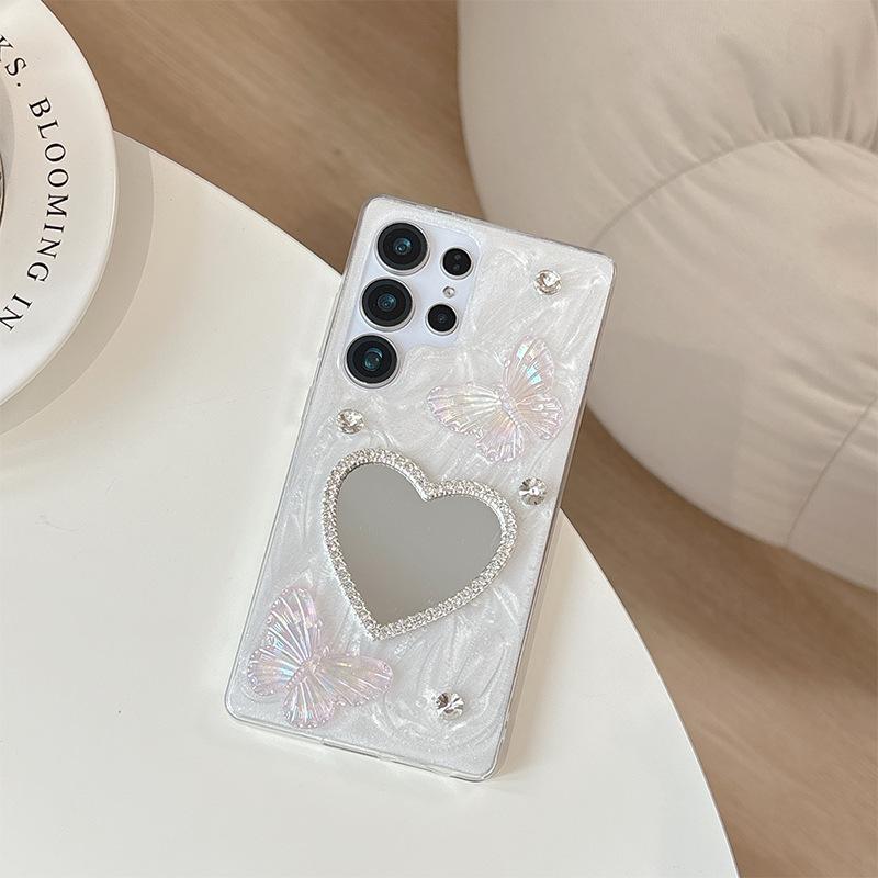 

Epoxy Rhinestone Love Mirror Mobile Phone Case For Samsung S25Ultra Butterfly S24Plus Love Gem A16 samsung a07 (thick shell)