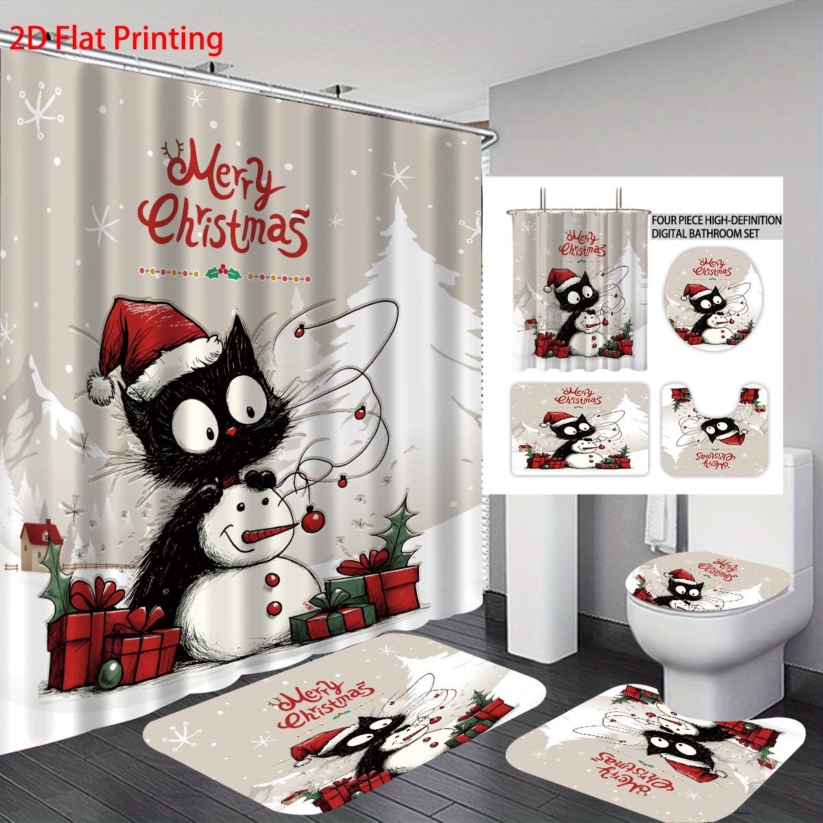 

4pcs Merry Christmas Cartoon Cat Printed Bathroom Set 180x180 Waterproof Shower Curtain Floor Mat Toilet Mat U-shaped Mat