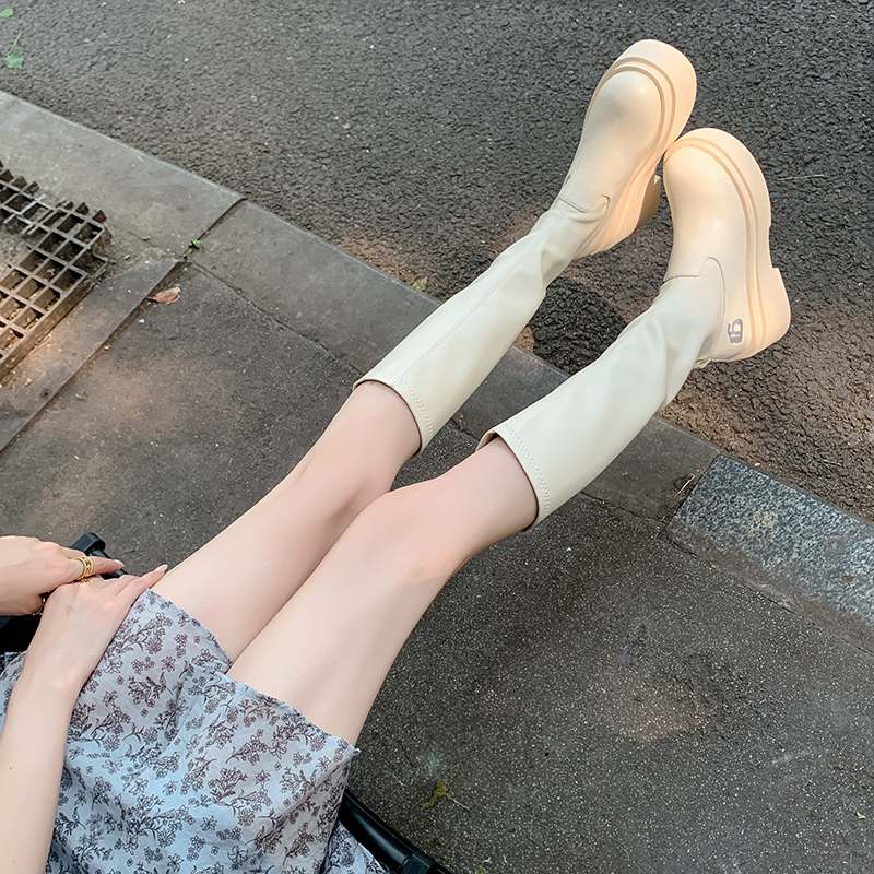 Krazing Pot Genuine Leather Spring Winter Shoes Flat Platform Superstar Elastic Boots Retro Fashion Women Thigh High Boots