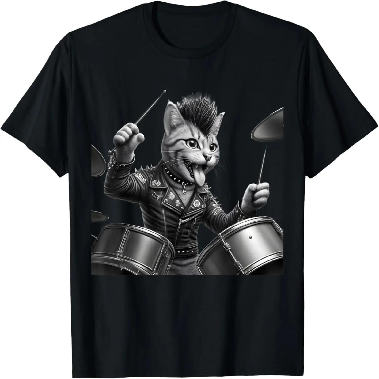 Punk Cat, Rock n Roll Goth Cat, Drums Band Funny Cat Tee T-Shirt XXXXXL разноцветный