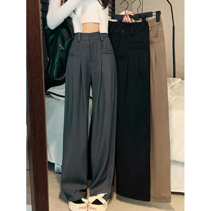 

Apricot white wide-leg pants women s spring and summer loose straight casual pants high waist and thin narrow version drape suit pants autumn S серый