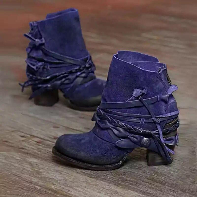 Wind Autumn Winter Fashion High Heel Round Head Rear Zipper Low Boots Woven Martin Boots