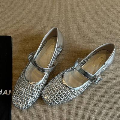 Sheepskin Genuine Leather Niche Retro Mesh Hollow Woven Shallow Mouth One-word Buckle Single Shoes Women's Flat Mary Jane Shoes