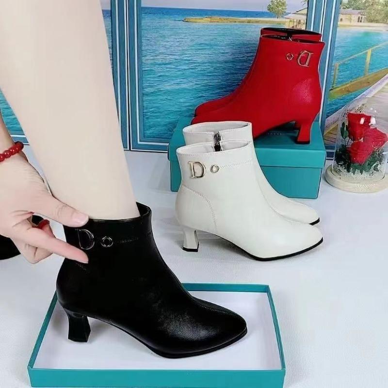 Pointed high-heeled boots women's new soft leather shoes women's shoes spring, autumn and winter white single boots velvet