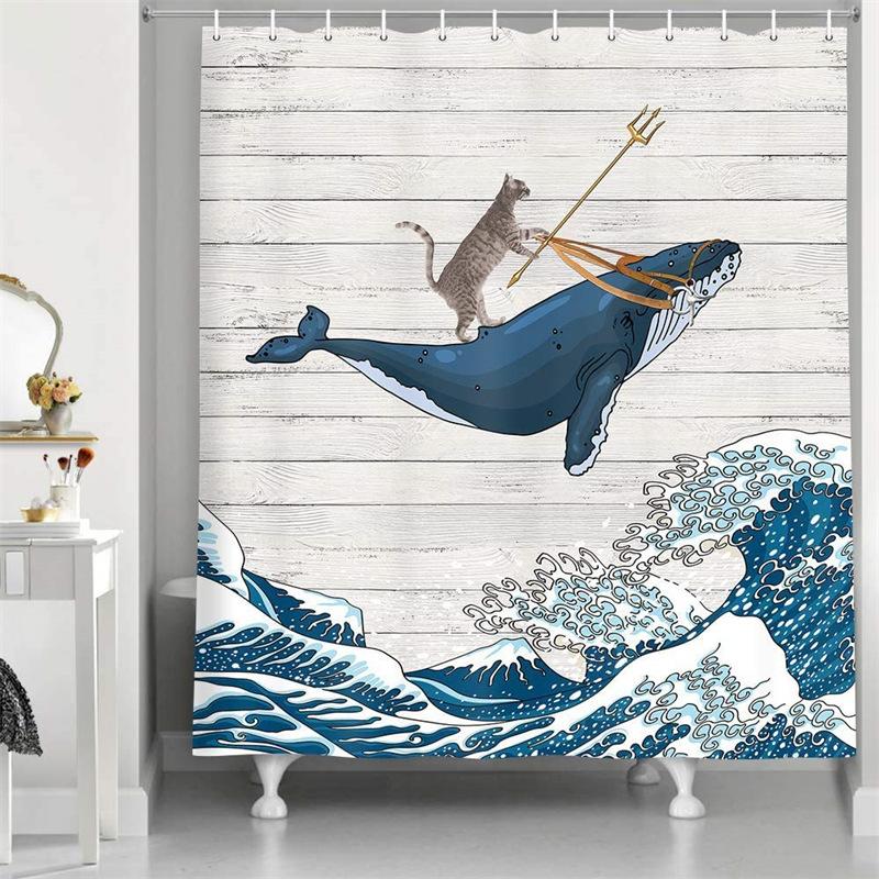 Pirate Cat Riding Shark Shower Curtain Funny Space Galaxy Rainbow Waterproof Fabric Bath Curtain With Hooks For Bathtub Decor