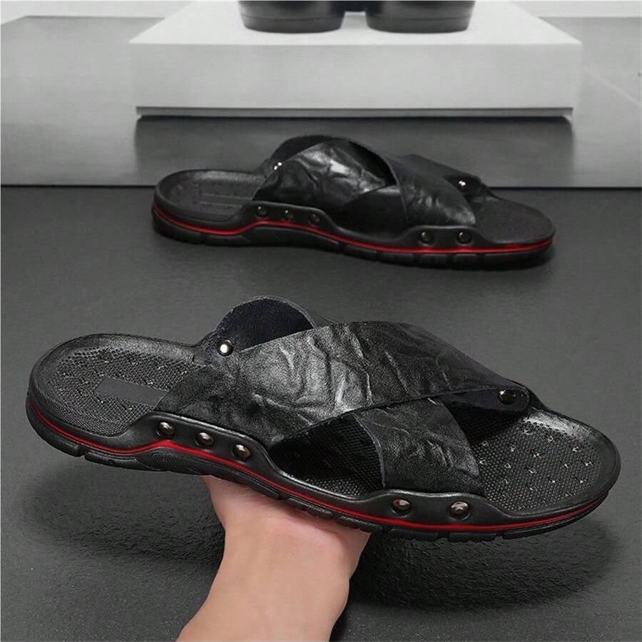 

Fashion High Quality New Men s Slippers Outdoor Beach Sandals Indoor Leather Non-slip Slides Flip-flops Men Beach Slippers Outdoor Flats 38 чёрный
