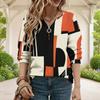 Women Plus Size V Neck Front Zip Long Sleeve Geometric Printed Sweatshirt Off White Black Orange