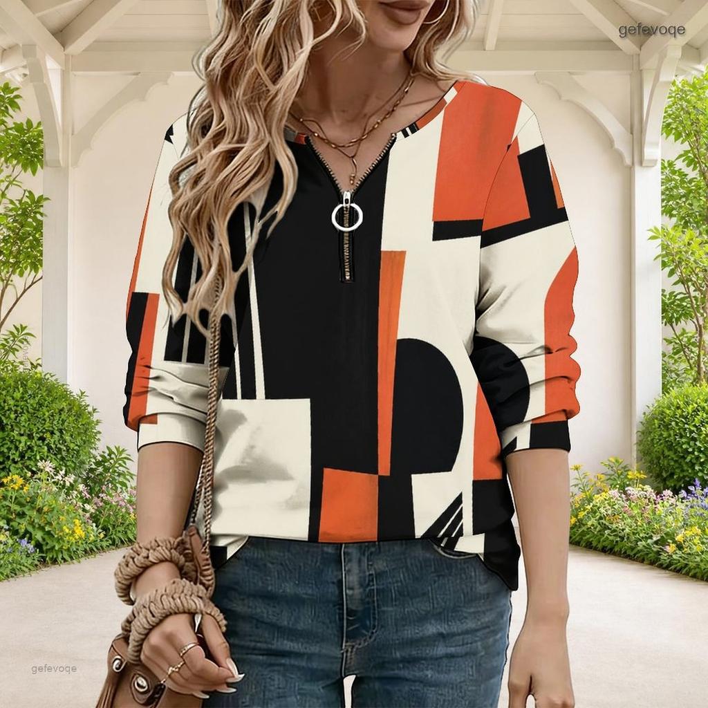 Women Plus Size V Neck Front Zip Long Sleeve Geometric Printed Sweatshirt Off White Black Orange