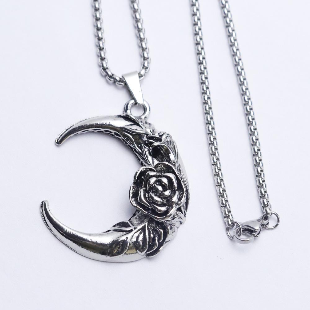 Gothic Rose Moon Necklace: Unisex Vintage Dark High Street Pendant, Romantic & Trendy for Couples