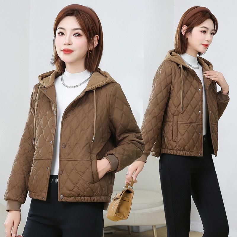 Women's Winter 2025 Rhombus Hooded Cotton-Padded Jacket - Trendy Petite Lightweight Outerwear
