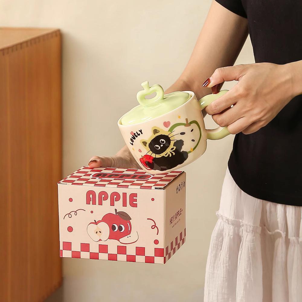 Apple Cat Ceramic Cup with Lid for Girls Gift Cup for Household Mug High Looking Couple Milk Breakfast Cup