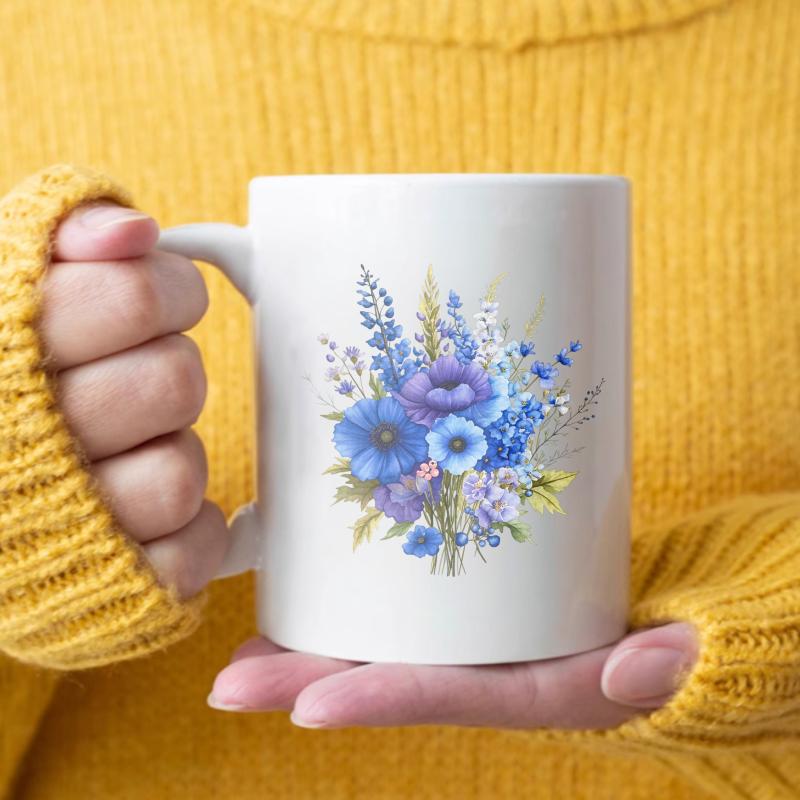White and blue floral bouquet design ceramic cup for coffee, tea, and daily use белый