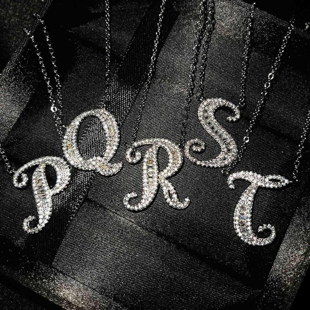 TikTok Live French-English Initial Pendant Necklace - Customizable 26 Letters, Full Diamond, Personalize Your Name or Surname