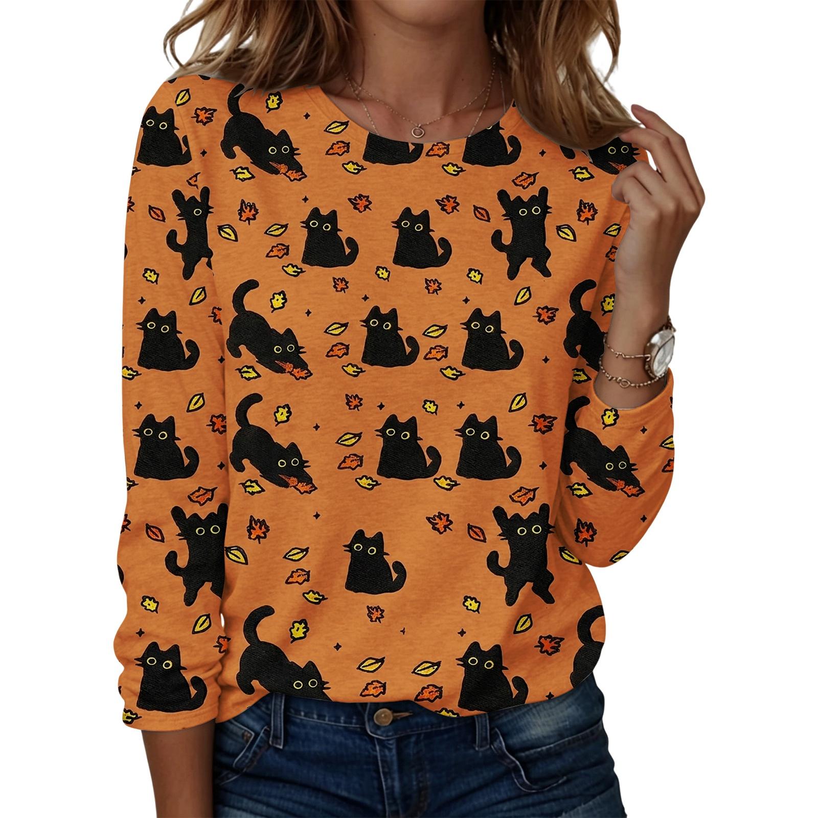 Women s Casual Long Sleeve Halloween Print Round Neck Top XXL