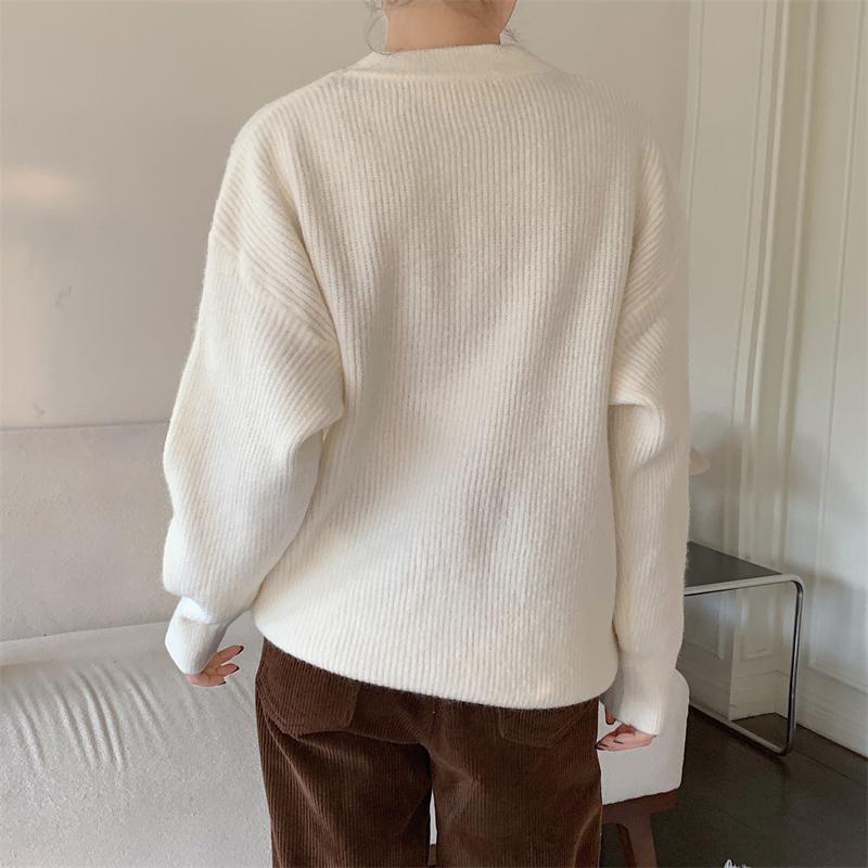 Hirsionsan Pulover tricotat cu mânecă lungă, ocazional, cu bază solidă, moale, pentru femei, cu gâtul în formă de O, pulover elegant, la modă, toamnă iarnă