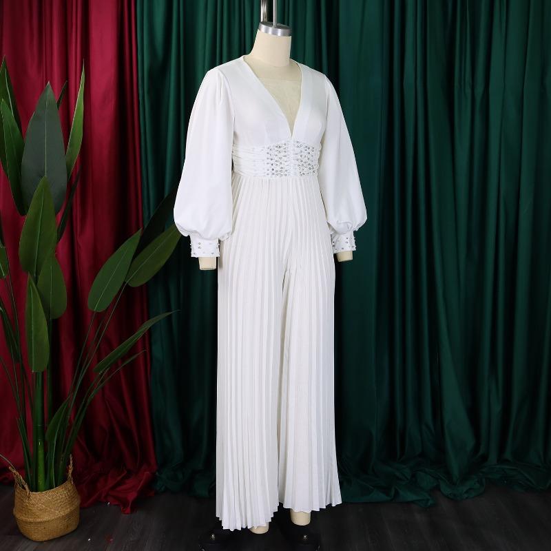 Damen Herbst Perlen Mesh Mode Lässig Lose Weite Bein Jumpsuit