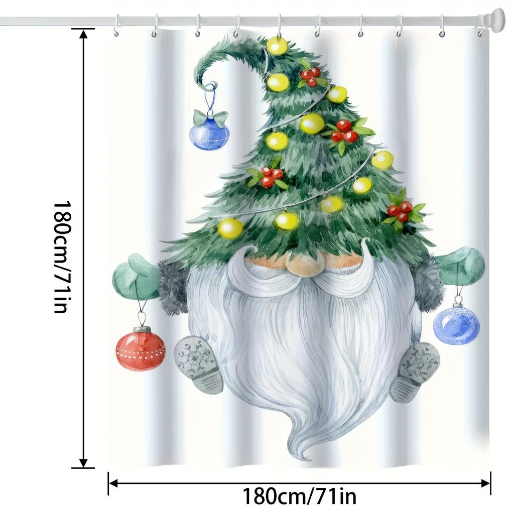 1pc Christmas Gnome Santa Hat Shower Curtain - Festive Holiday Bathroom Decor with Snowflakes & Ornaments, Machine Washable Poly