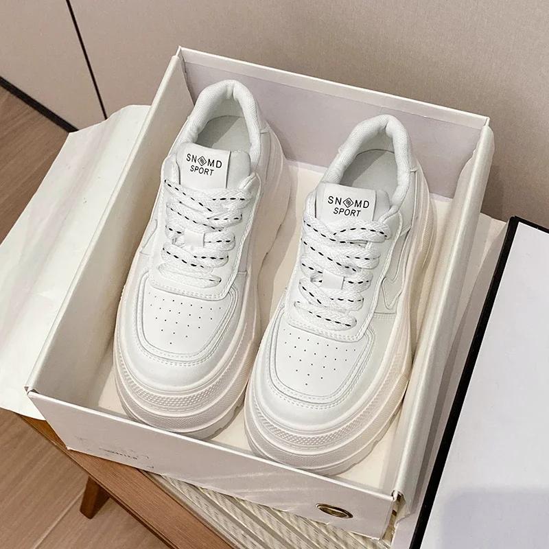 Fashion 8CM Women Platform Sneakers Leather Shoes New Autumn Chunky Vulcanized Skateboard Shoes Women Breathable Comfort Sneakers