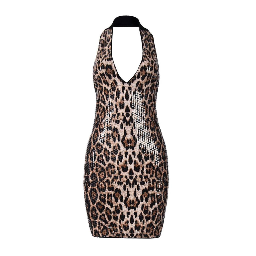 European & American Leopard Print Sexy Slim-Fit Deep V Backless Dress for Women