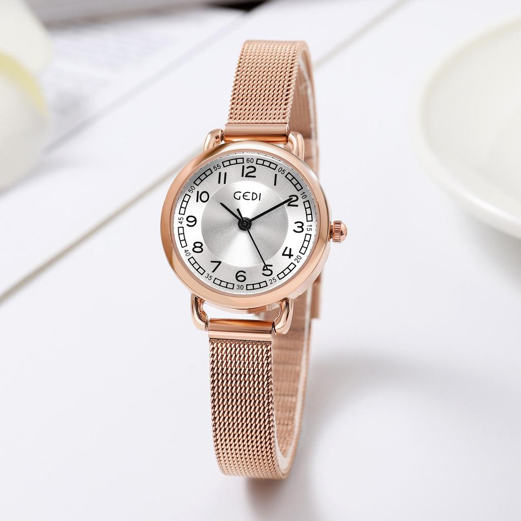 Light Luxury Fashion Temperament Round Dial Simple Digital Scale Stainless Steel Mesh Belt Waterproof Quartz Watch