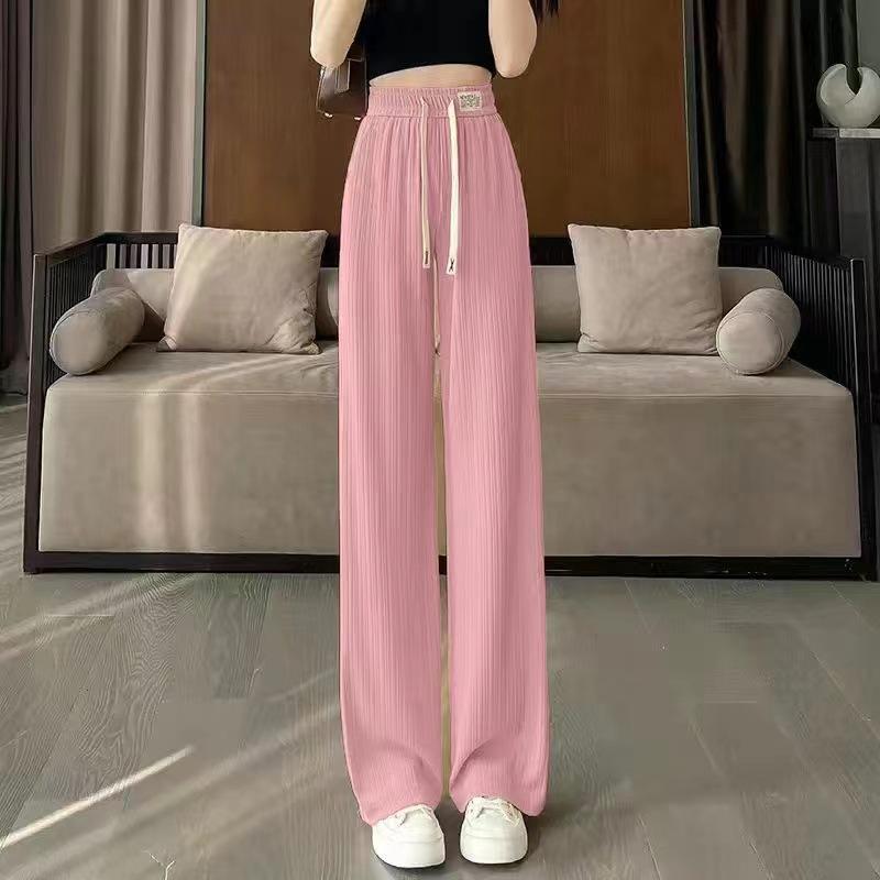 Women's Elastic Waist Wide Leg Pants Straight Leg Trousers Ribbed Ice Silk Casual Pants