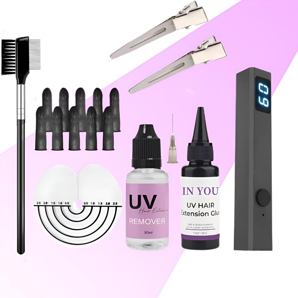 Fast-Curing UV Hair Kit: UV Lamp + 30g Glue & Remover,Invisible Damage-Free Extensions,Complete Salon & Home Tool Set