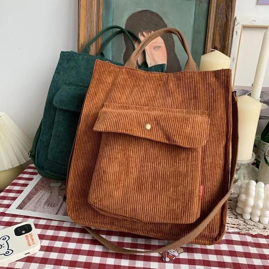 1 Pcs New Corduroy Handbag Simple Student Simple Art Large Capacity Retro Single Shoulder Crossbody Bag