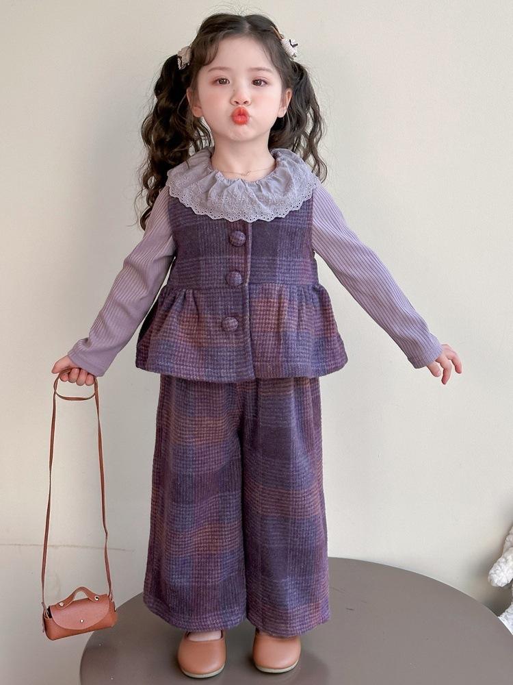 Girls' 2025 Spring Plaid Three-Piece Outfit - Korean-Style Fashion for Baby and Toddlers