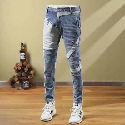 Męskie dżinsy retro patchworkowe slim-fit - Modne, elastyczne spodnie casualowe na jesień i zimę