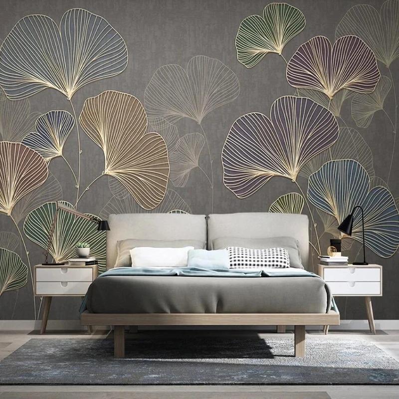 Modern Mural Minimalist Light Luxury 3d Wallpaper Lines Embossed Wall Mural Ginkgo Leaves Fresco Decor