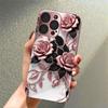 Pink Rose Pattern Metallic Tempered Glass Phone Case For iPhone 17 16 15 14 13 12 11 Pro Max 15 14 Plus 17 Air 17E Cover