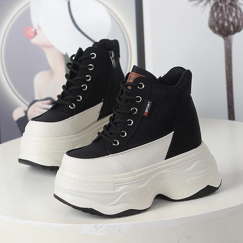 Fashion 12CM British Genuine Leather Ladies Platform Wedge Ankle Winter Plush Booties Autumn Spring High Brand Women Cowboy Shoes