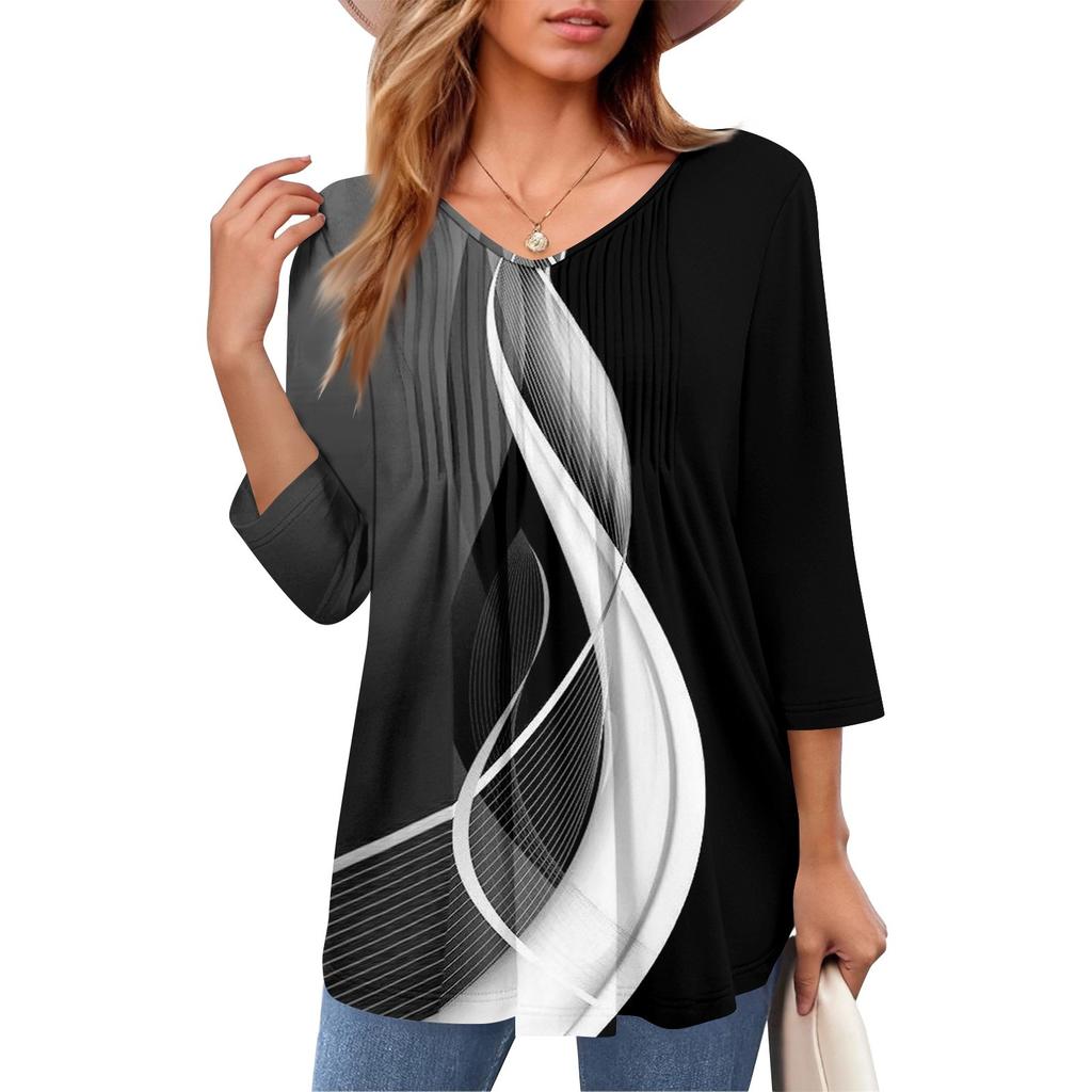 Damen Tops V-Ausschnitt Dreiviertelärmel Gestreift Plissee Casual Sommermode Shirt Tops