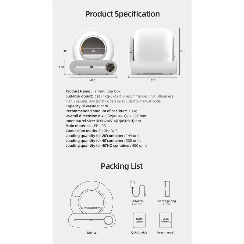 65L Automatisches Intelligentes Katzenklo Geschlossenes Katzenklo Selbstreinigend App-Steuerung Ionischer Duft Haustiertoilette Müllschale