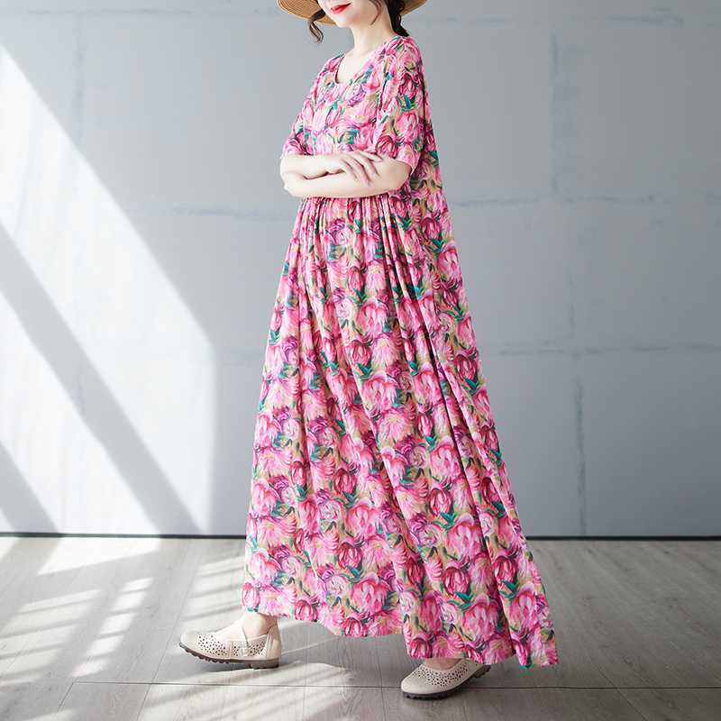 Women's Simple and Fashionable Long Skirt Summer Short Sleeved Round Neck Printed Dress
