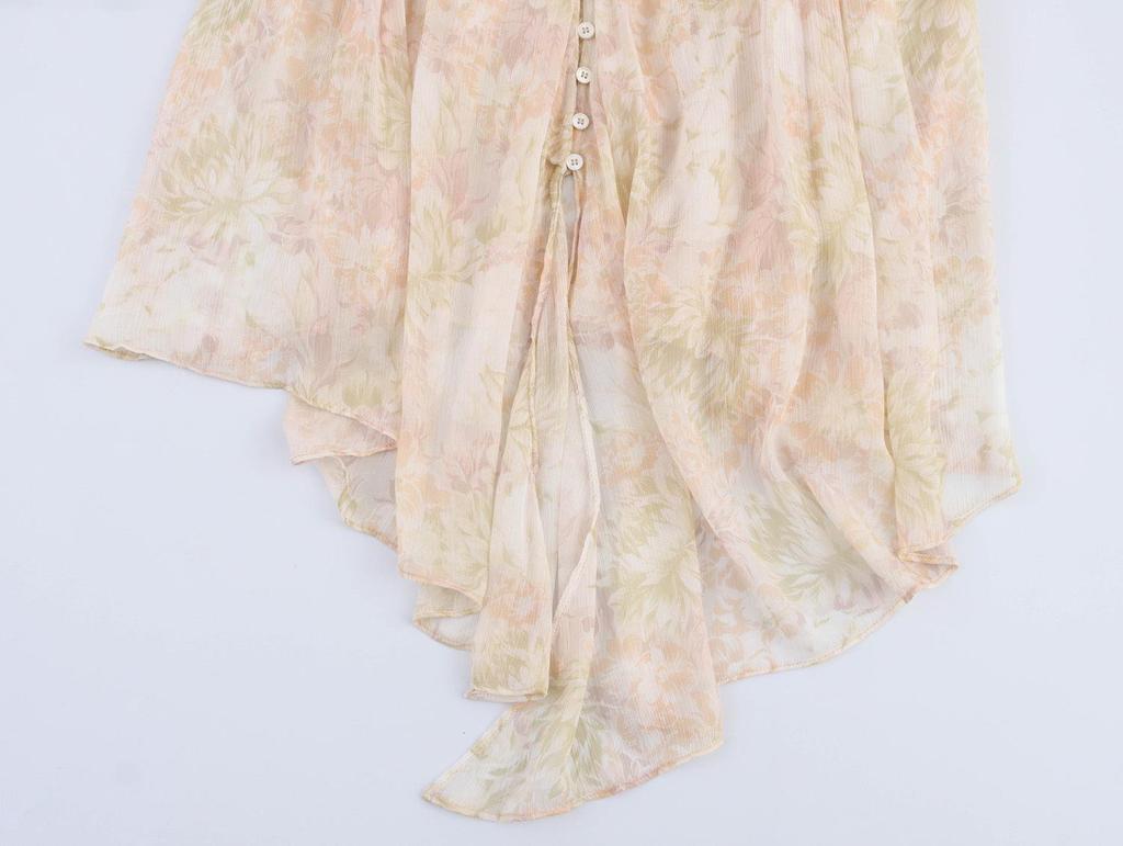 Spring Women's V-Neck Ruffle Print Chiffon Blouse with Long Sleeves